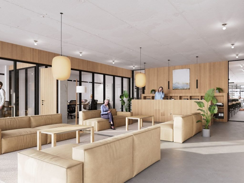 Recepción y zona de espera de una oficina seleccionada mediante un proceso de curación de oferta.