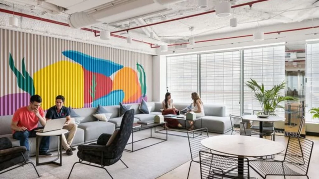 Zona de networking y trabajo colaborativo en las oficinas de WeWork Paseo de la Castellana en Madrid.