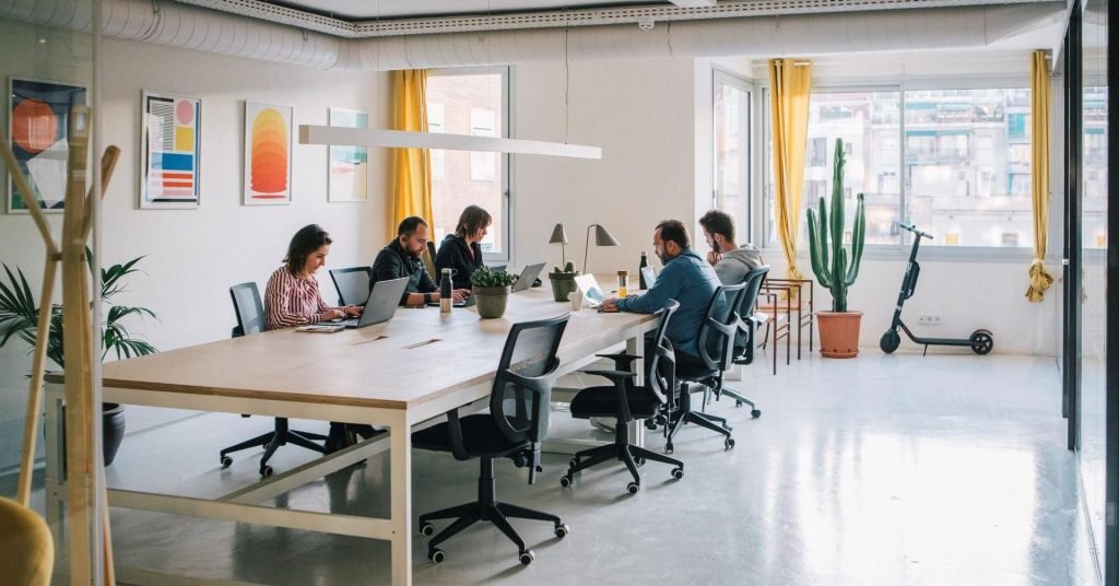 Equipo de startup trabajando con portátiles en una mesa larga compartida ("bench") en un entorno de hot desking diáfano y luminoso.