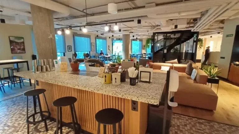Detalle de la zona de servicios comunes y barra de café en WeWork Castellana 43, optimizado para el día a día de startups y pymes.