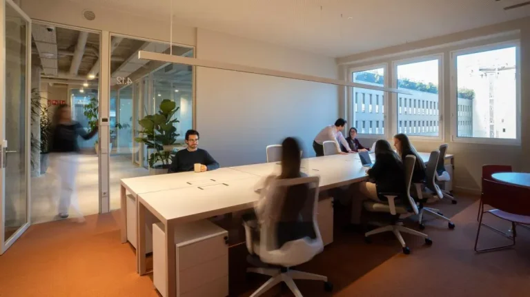 Equipo de startup colaborando en una mesa de oficina amplia en el nodo estratégico de NN Pau Claris.