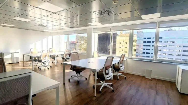 Oficina flexible de planta abierta en Networkia Diagonal con luz natural, suelos de madera y mobiliario ergonómico.