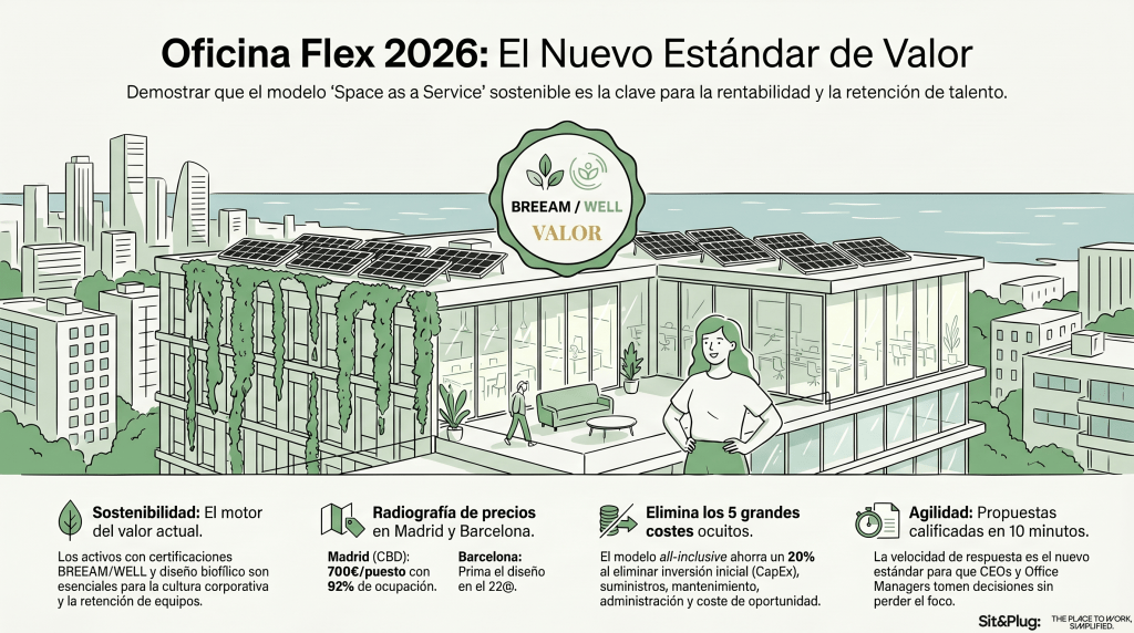 Análisis de oficinas flexibles en el distrito 22@ de Barcelona enfocado en sostenibilidad, diseño de vanguardia y bienestar como impulsores del precio.